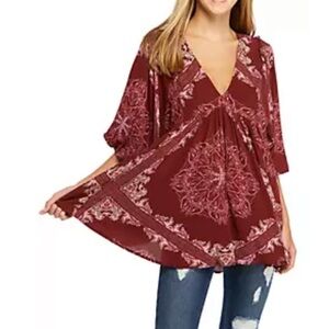 Free People Girl Talk Tunic Top Long Sleeve V-Neck Empire Waist Pockets Size XS